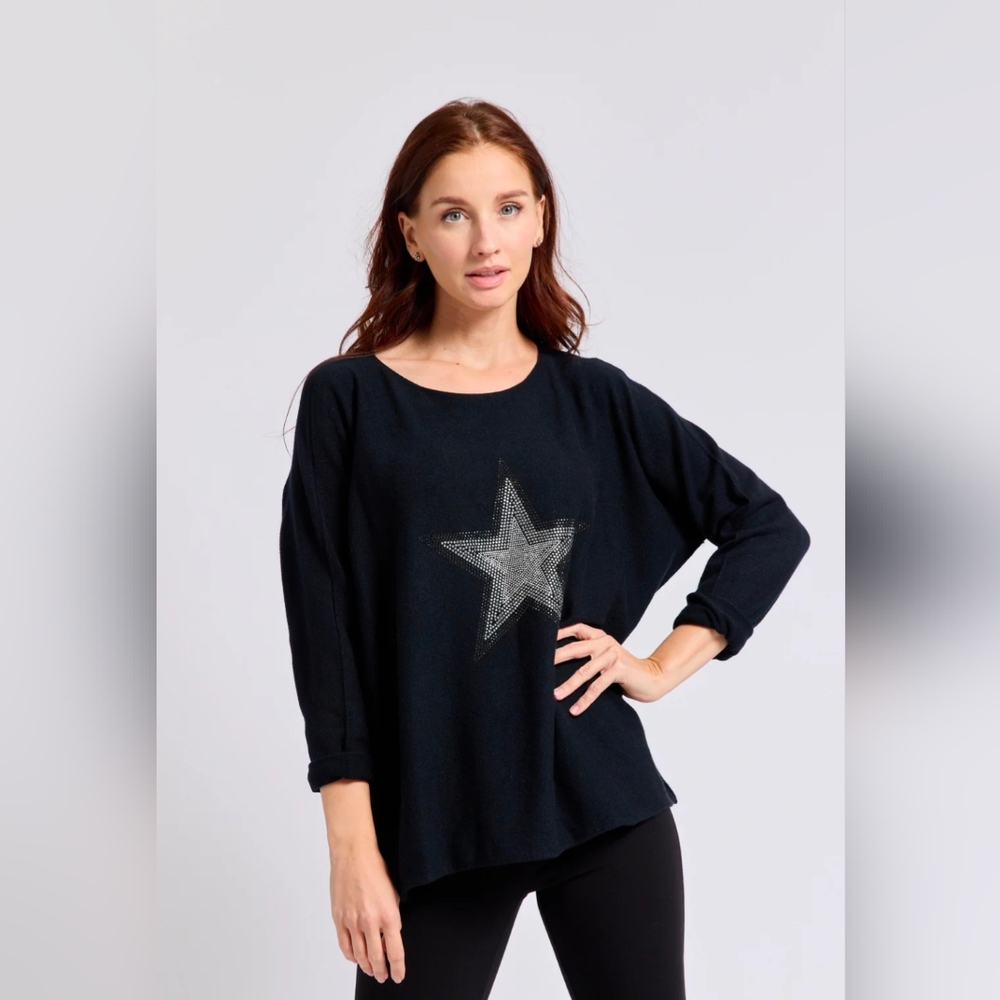 Venti6 Made In Italy Black Star Embellished Long Sleeve Knit Sweater Size 1X